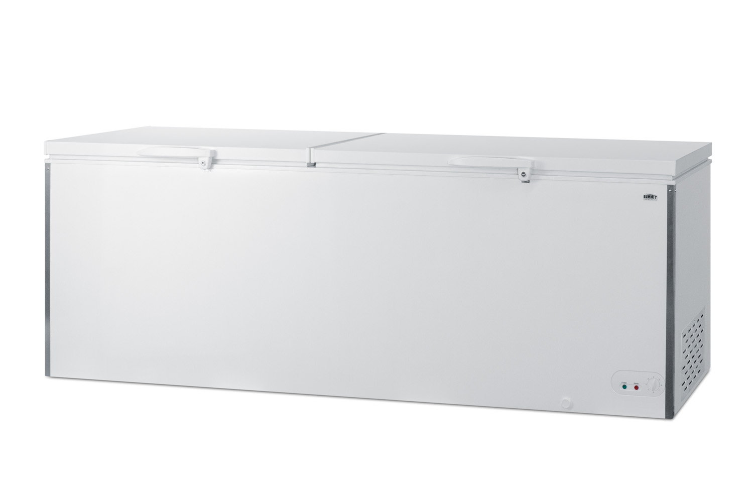 Commercially listed 26.66 cu.ft. manual defrost chest freezer in white with stainless steel corner guards